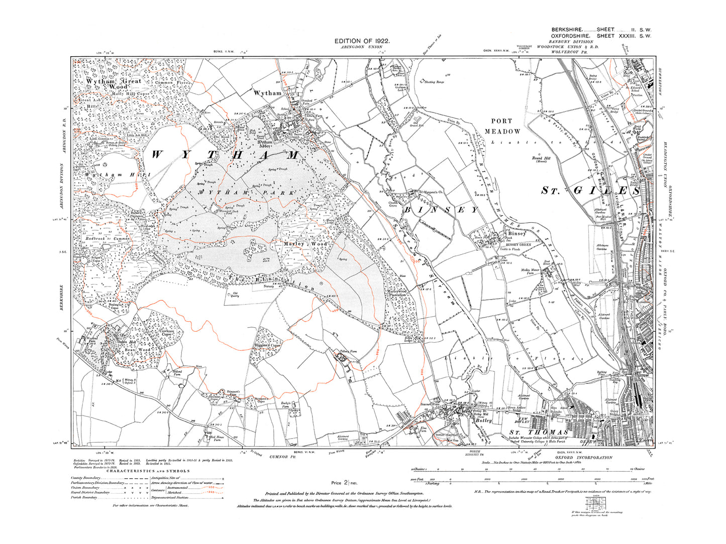 A 1922 map showing Wytham and Botley in Berkshire - OS 1:10560 scale map, Berks 2SW