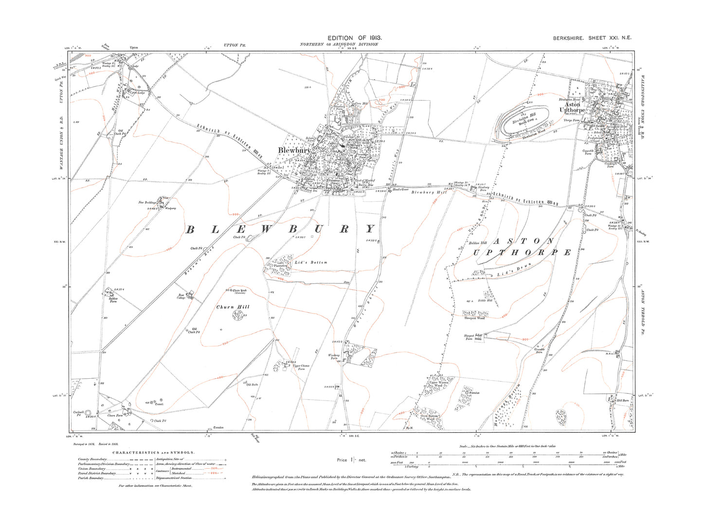 A 1913 map showing Blewbury, Aston Upthorpe, Upton (south) in Berkshire - OS 1:10560 scale map, Berks 21NE