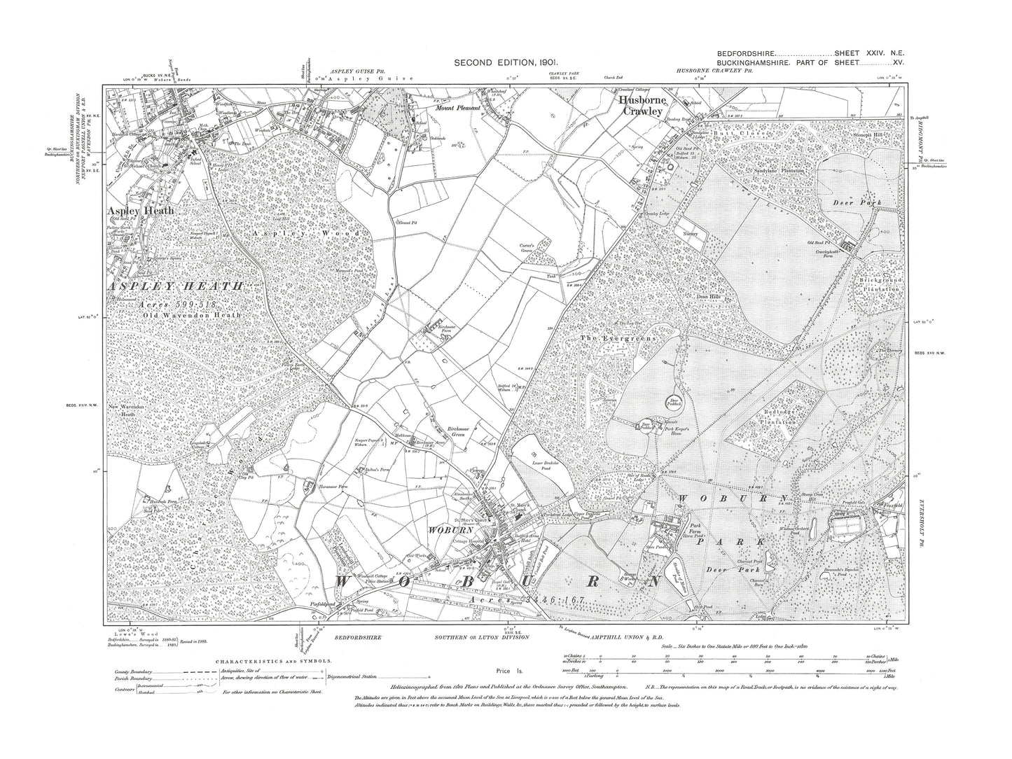 A 1901 map showing Woburn, Park (north) and Aspley Heath (east) in Bedfordshire - A Digital Download 0f OS 1:10560 scale map, Beds 24NE
