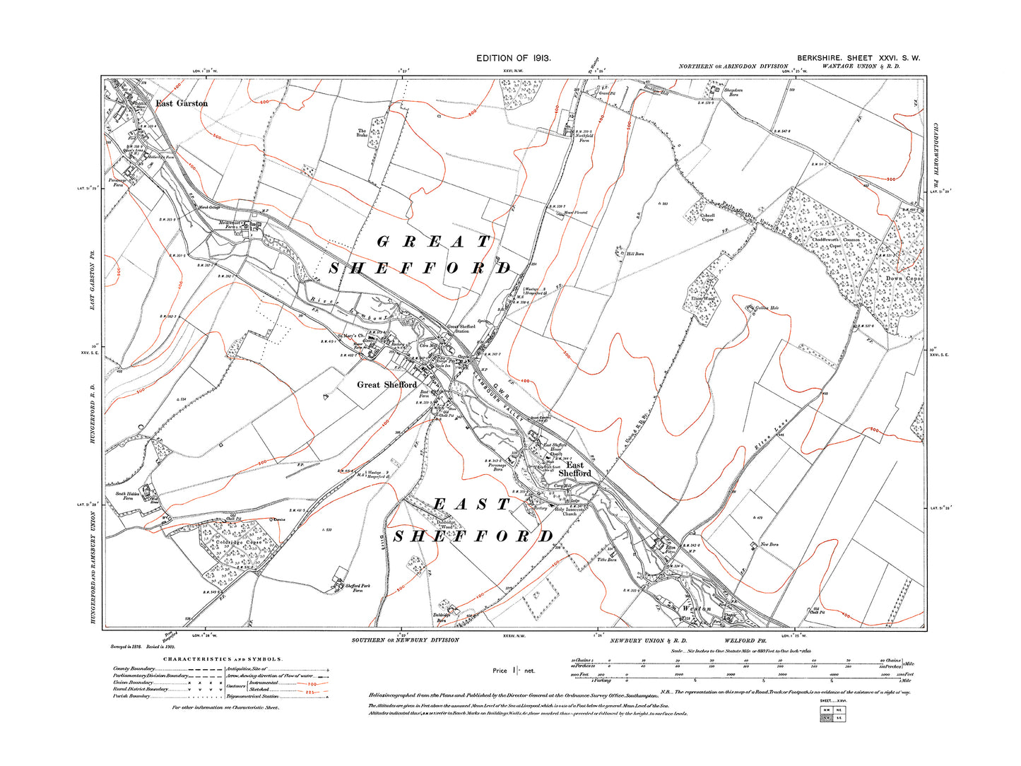 A 1913 map showing Great Shefford, East Shefford, East Garston (southwest) in Berkshire - OS 1:10560 scale map, Berks 26SW