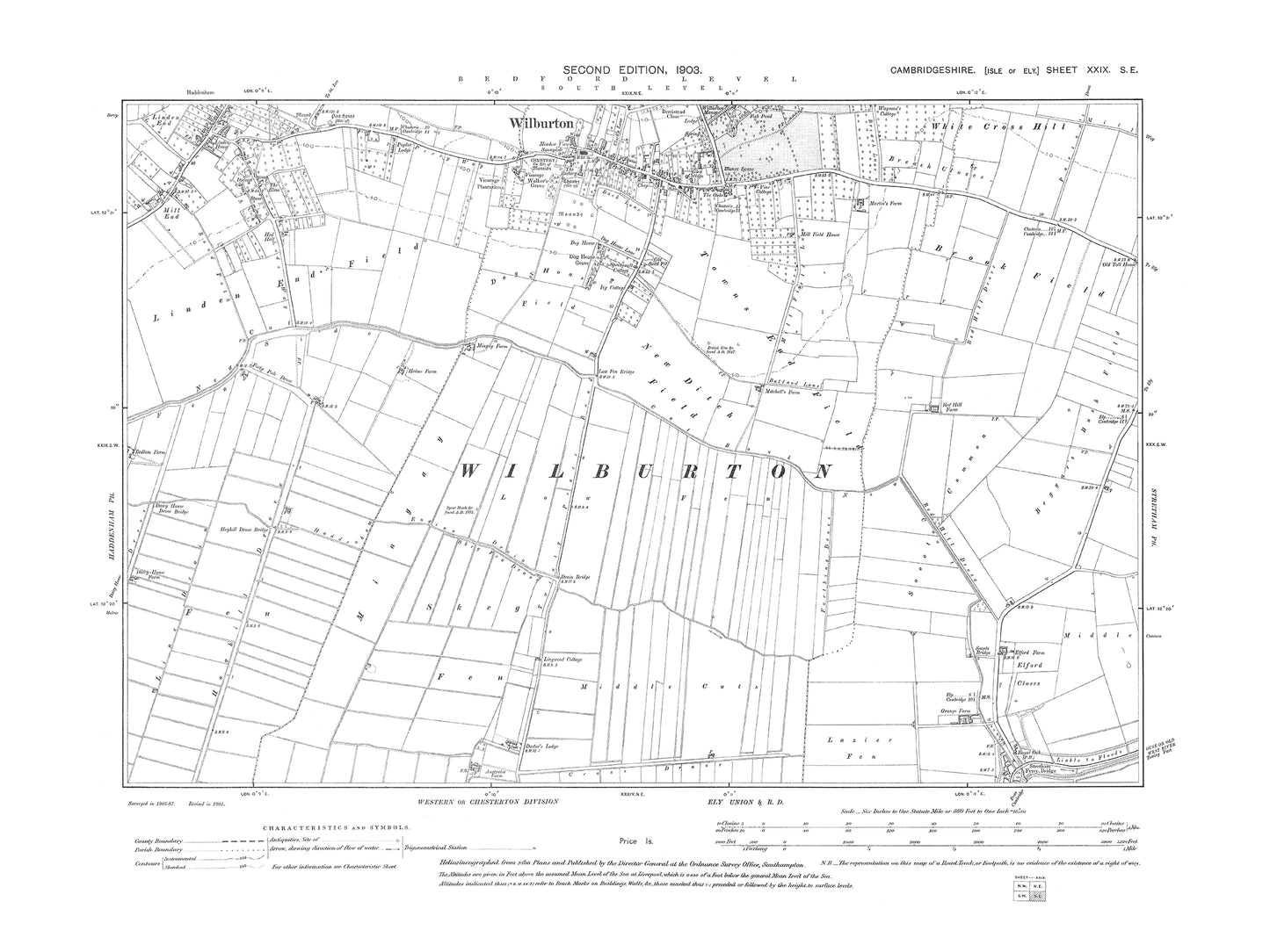 Old OS map dated 1903, showing Haddenham (south), Wilburton (south) in Cambridgeshire 29SE