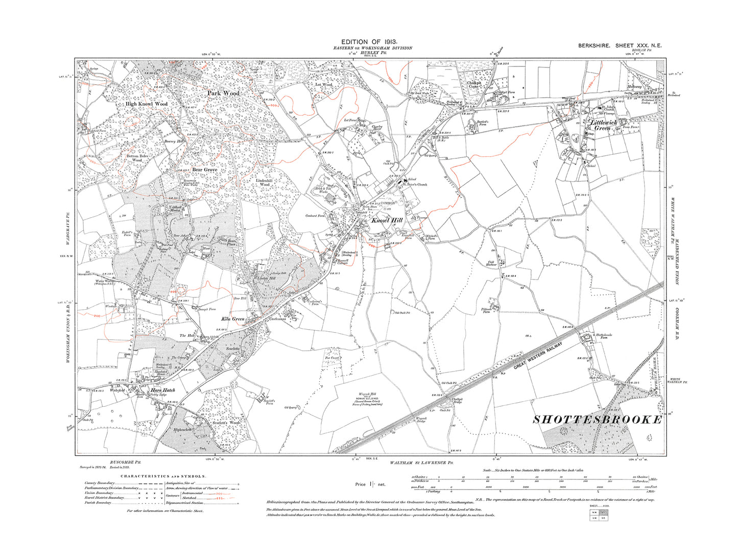 A 1913 map showing Littlewick Green, Knowl Hill, Kiln Green, Hare Hatch in Berkshire - OS 1:10560 scale map, Berks 30NE