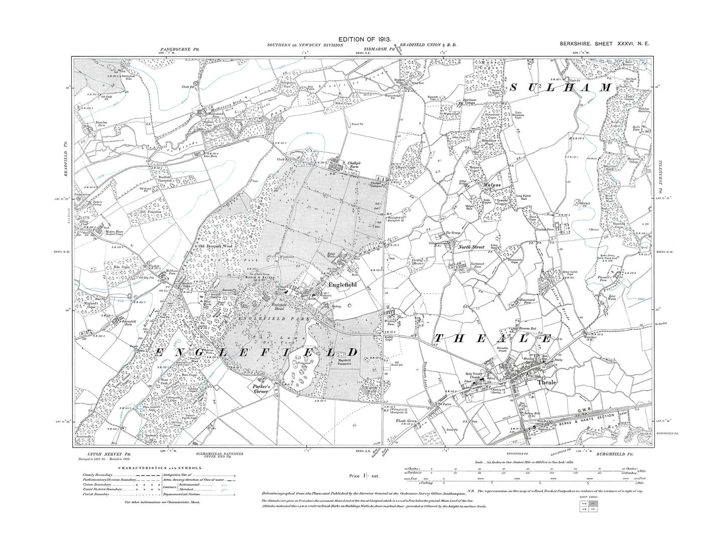 A 1913 map showing Englefield, Theale in Berkshire - OS 1:10560 scale map, Berks 36NE