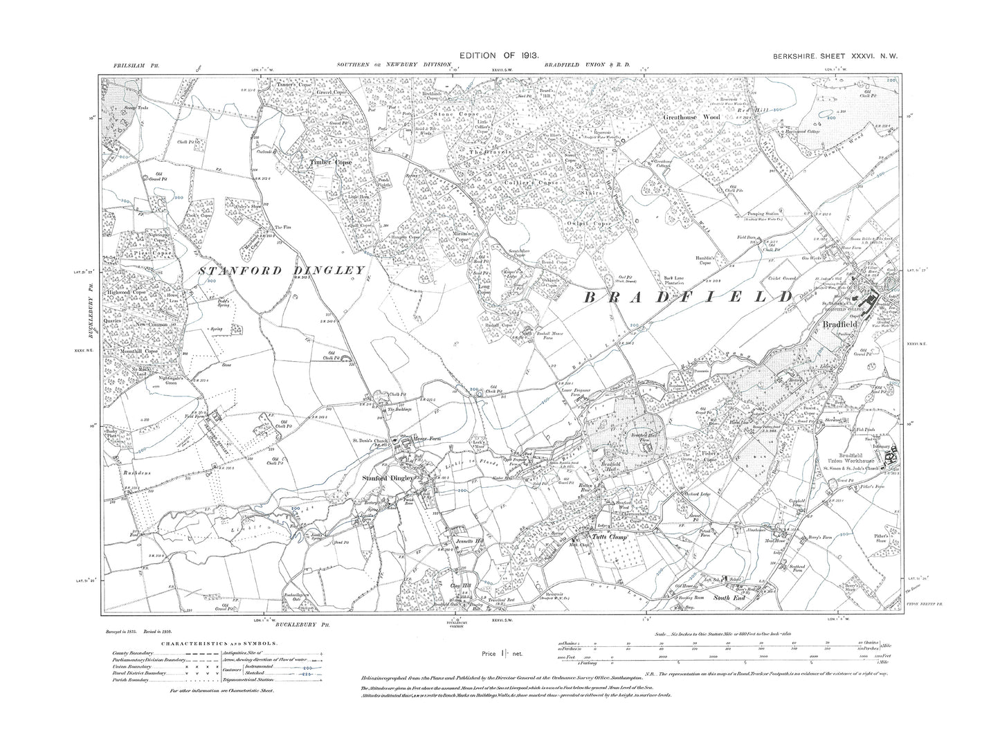 A 1913 map showing Bradfield, Stanford Dingley, Tutts Clump in Berkshire - OS 1:10560 scale map, Berks 36NW