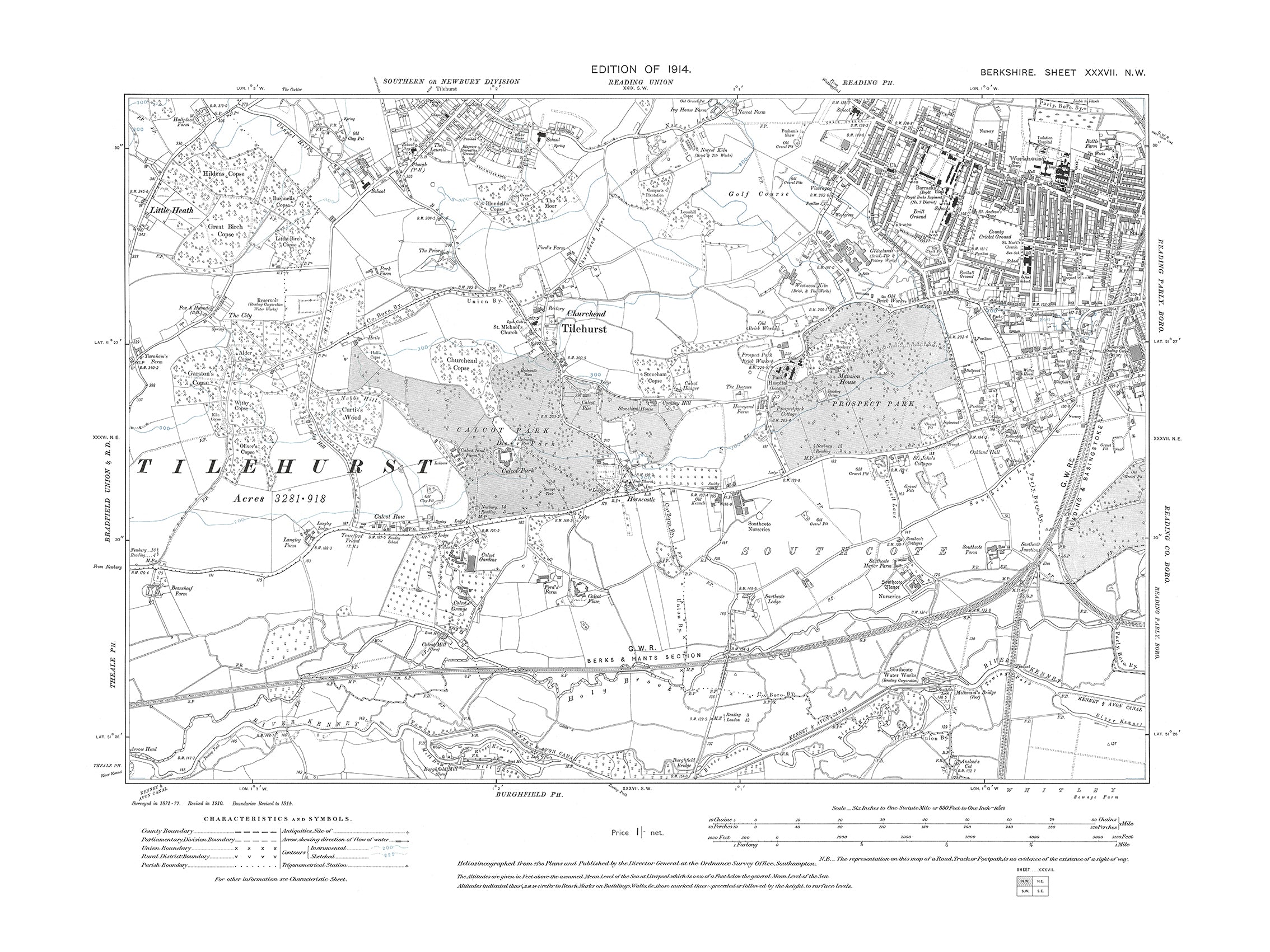 A 1913 map showing Reading (southwest), Tilehurst, Southcote in Berksh ...