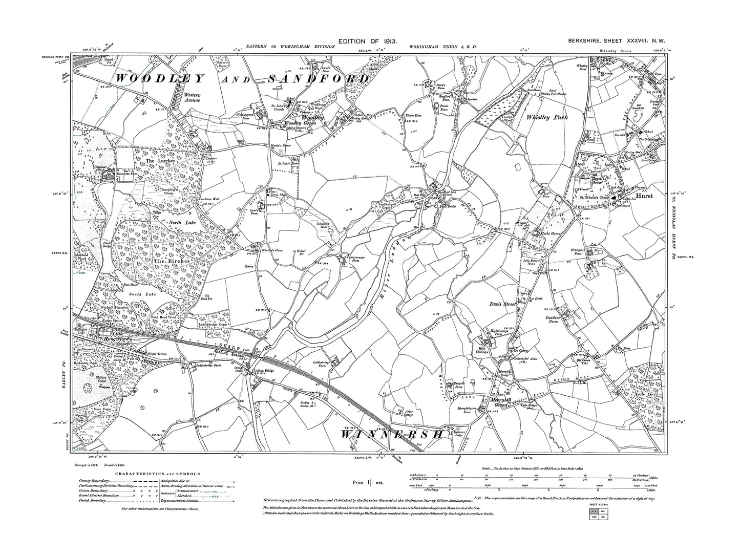 A 1913 map showing Hurst (west), Woodley Green, Merryhill Green in Berkshire - OS 1:10560 scale map, Berks 38NW