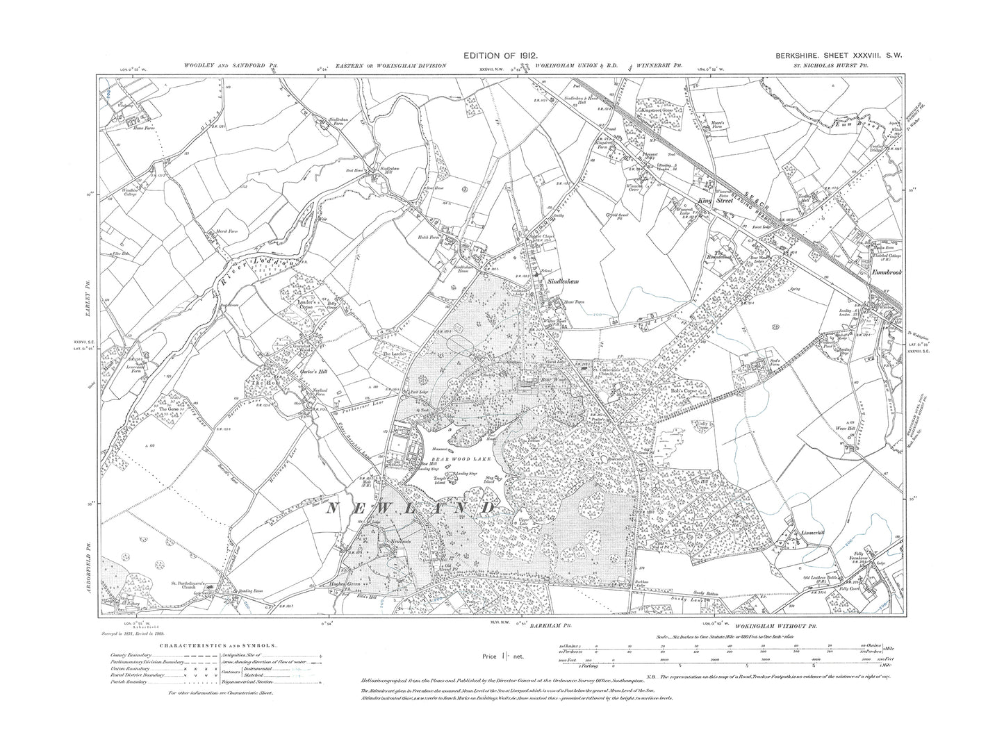 A 1912 map showing Sindlesham, King Street in Berkshire - OS 1:10560 scale map, Berks 38SW