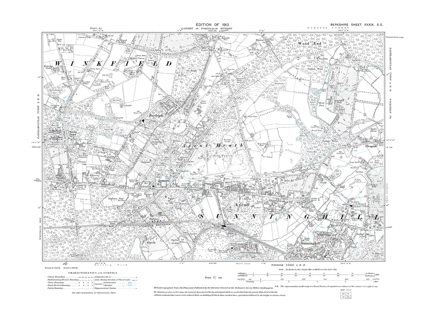 A 1913 map showing Ascot, Burleigh, Sunninghill (north) in Berkshire - OS 1:10560 scale map, Berks 39SE