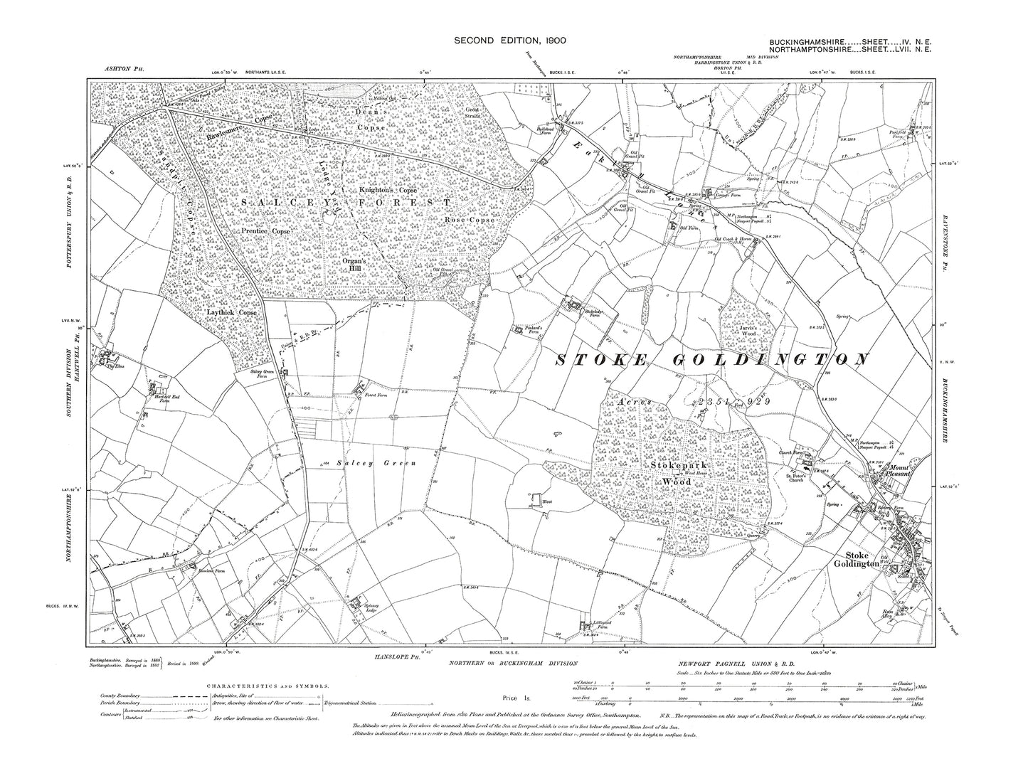 Old OS map dated 1900, showing Stoke Goldington, Eakley Lanes in Buckinghamshire - 4NE