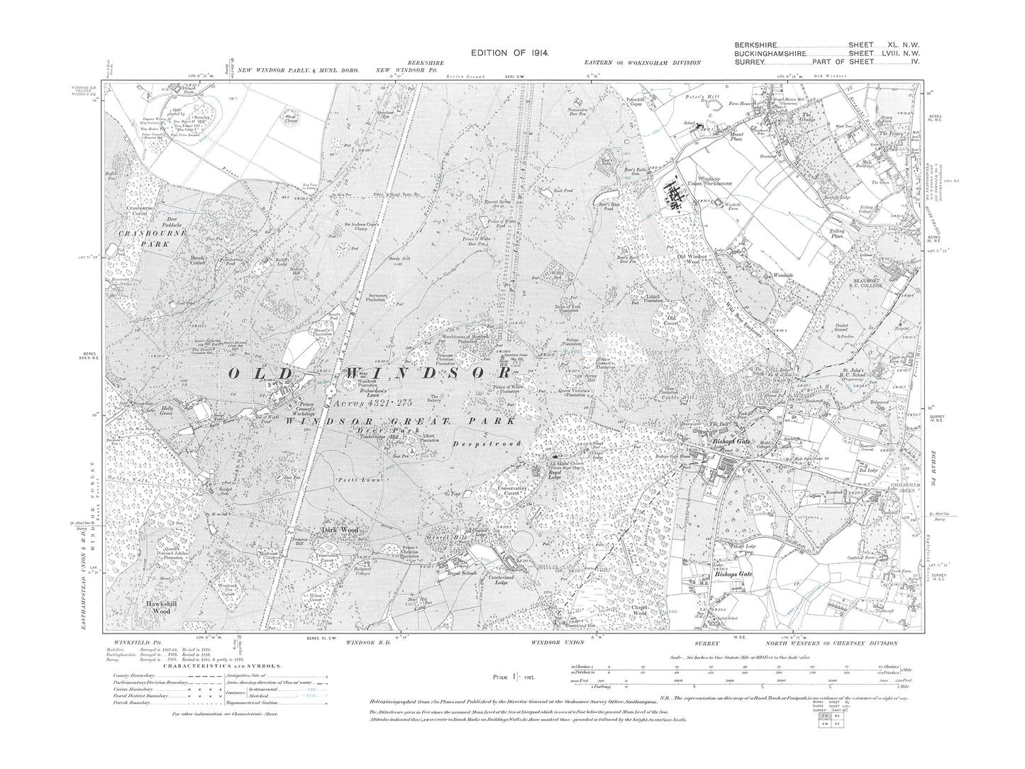 A 1914 map showing Windsor Great Park in Berkshire - OS 1:10560 scale map, Berks 40NW