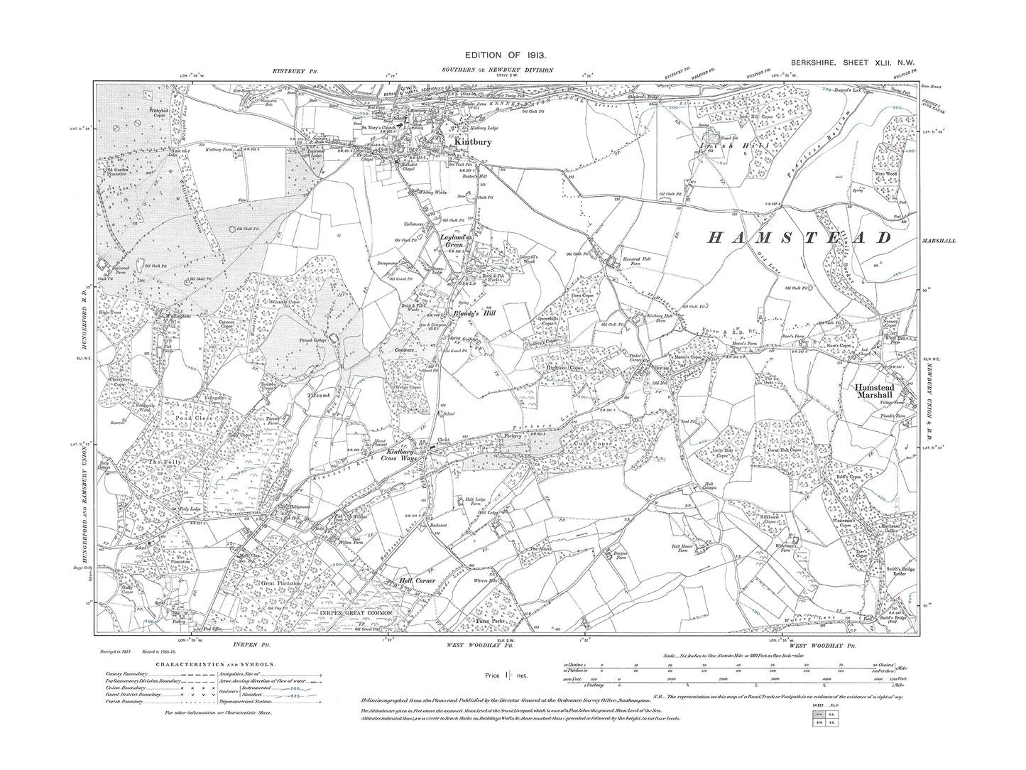 A 1913 map showing Kintbury (south), Hamstead Marshall (west) in Berkshire - OS 1:10560 scale map, Berks 42NW