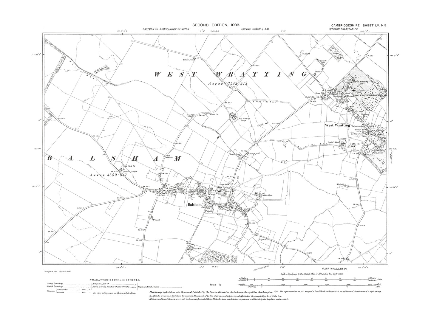 Old OS map dated 1903, showing Balsham, West Wratting in Cambridgeshire 55NE