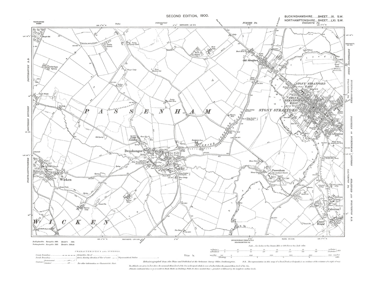 Old OS map dated 1900, showing Denshanger, Wicken, Passenham, Old Stratford in Buckinghamshire 9SW