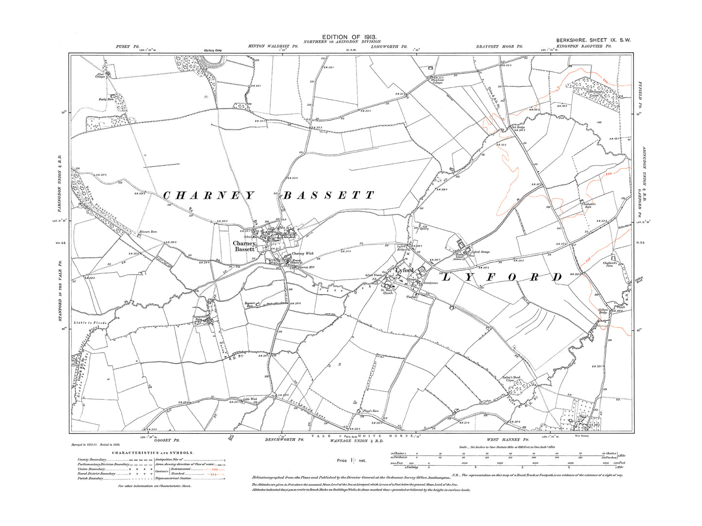 A 1913 map showing Charney Bassett, Lyford, West Hanney (north) in Berkshire - OS 1:10560 scale map, Berks 9SW