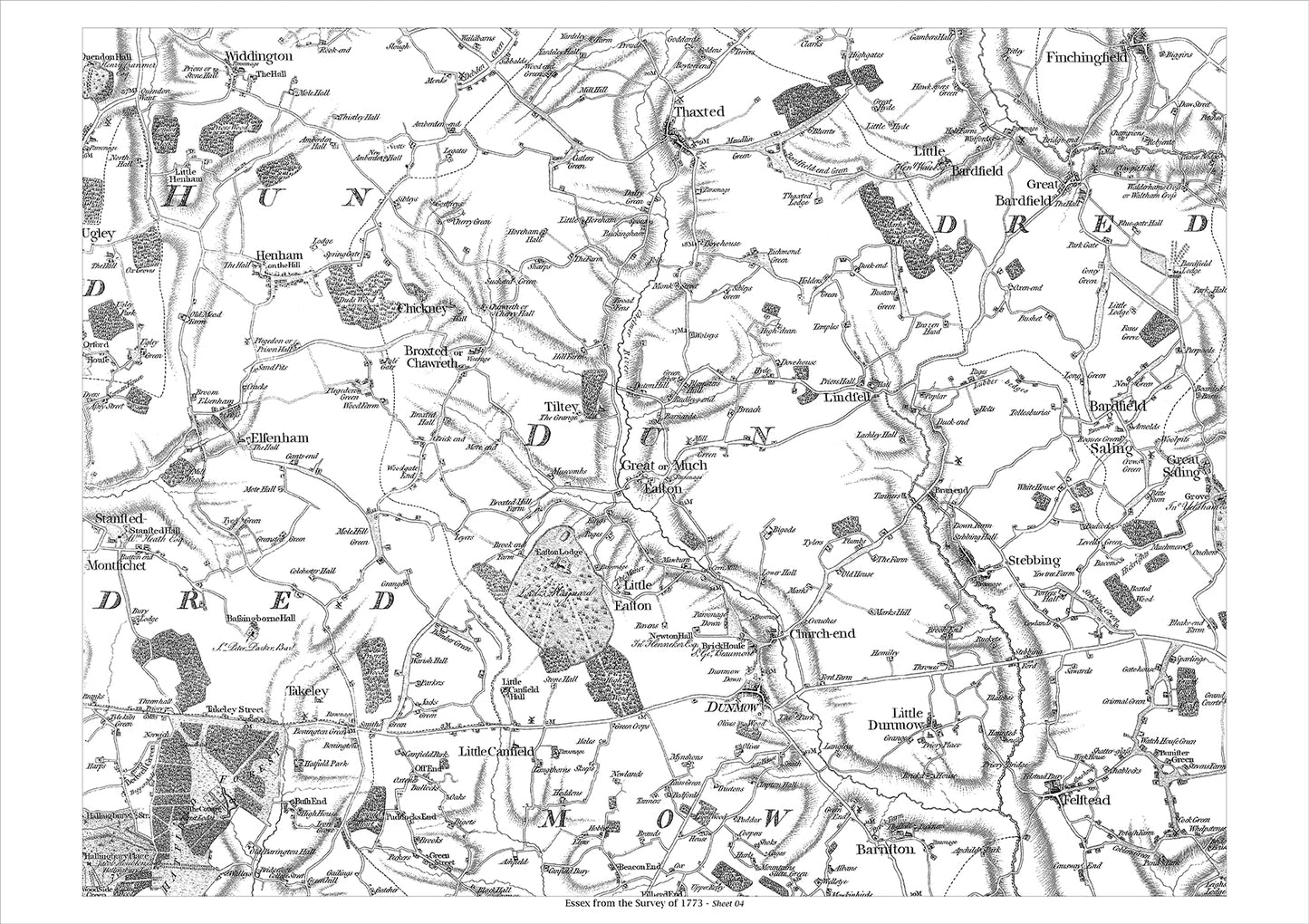 Dunmow, Saling, Thaxted, Widdington, Bardfield, old map Essex 1777