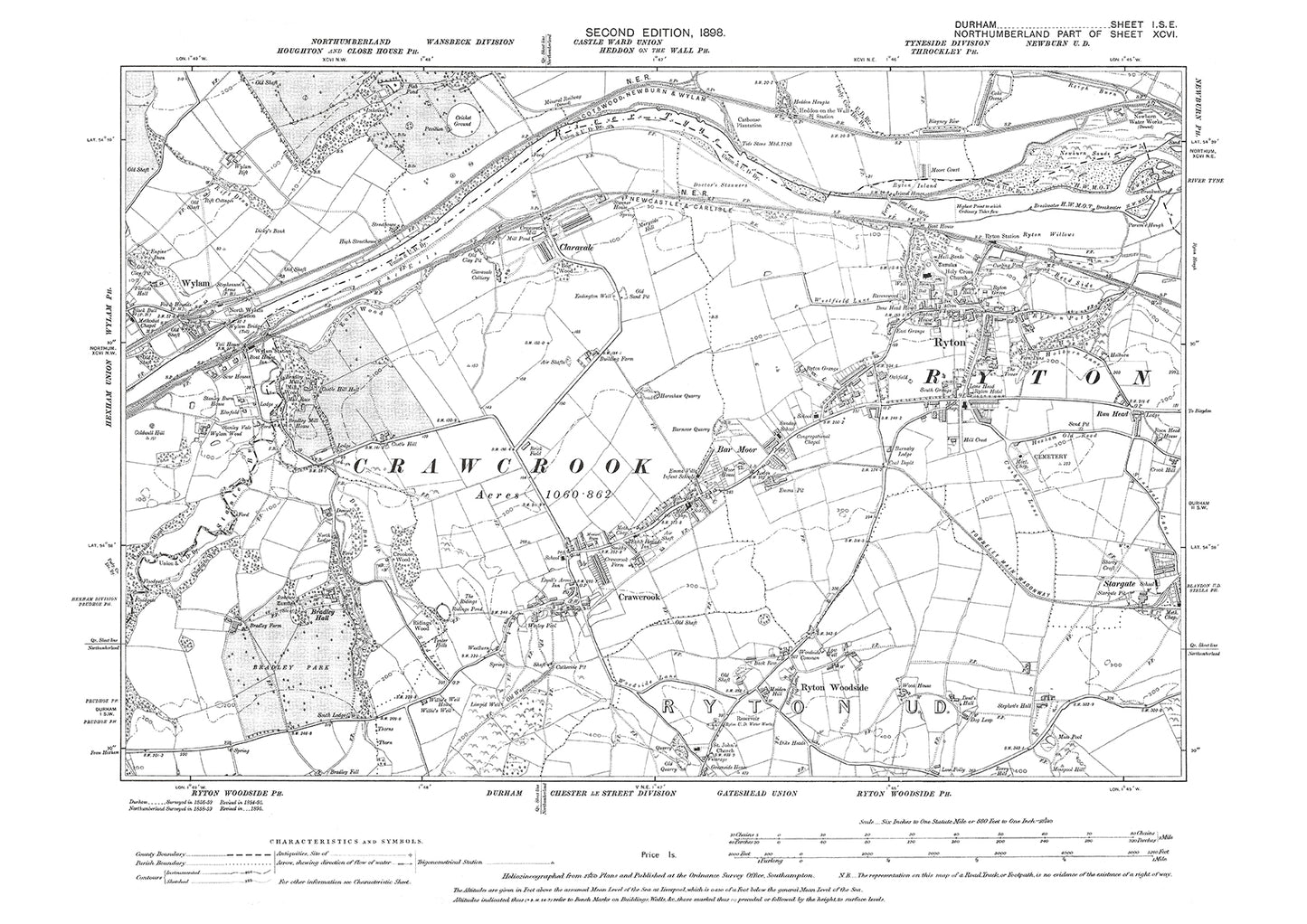 Old OS map dated 1898, showing Ryton and Crawcrook in Durham - 1SE