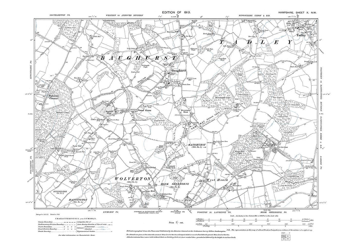 Old OS map dated 1912, showing Tadley, Baughurst in Hampshire - 10NW