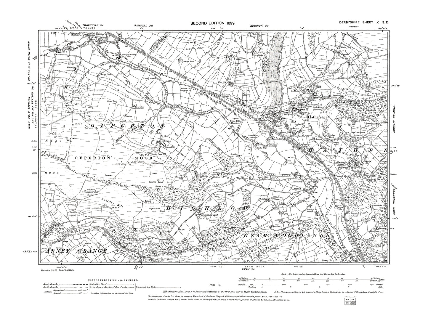 Old OS map dated 1899, showing Hathersage in Derbyshire 10SE