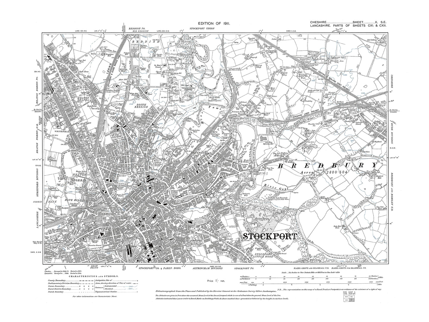 Old OS map dated 1911, showing Stockport in Cheshire 10SE