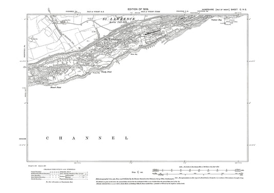 Old OS map dated 1909, showing St Lawrence Isle Of Wight in Hampshire - 100NE