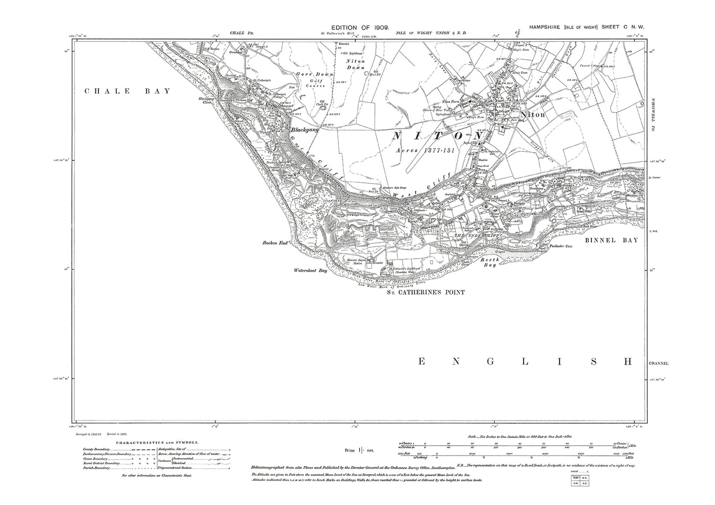 Old OS map dated 1909, showing Blackgang, St Catherine Point, Niton, Isle Of Wight in Hampshire - 100NW