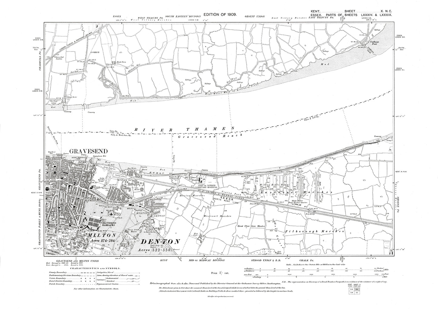 Gravesend, Milton, Denton, old map Kent 1909: 10NE