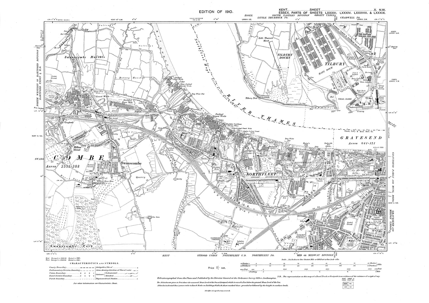 Tilbury, Northfleet Gravesend, Swanscombe, old map Kent 1910: 10NW