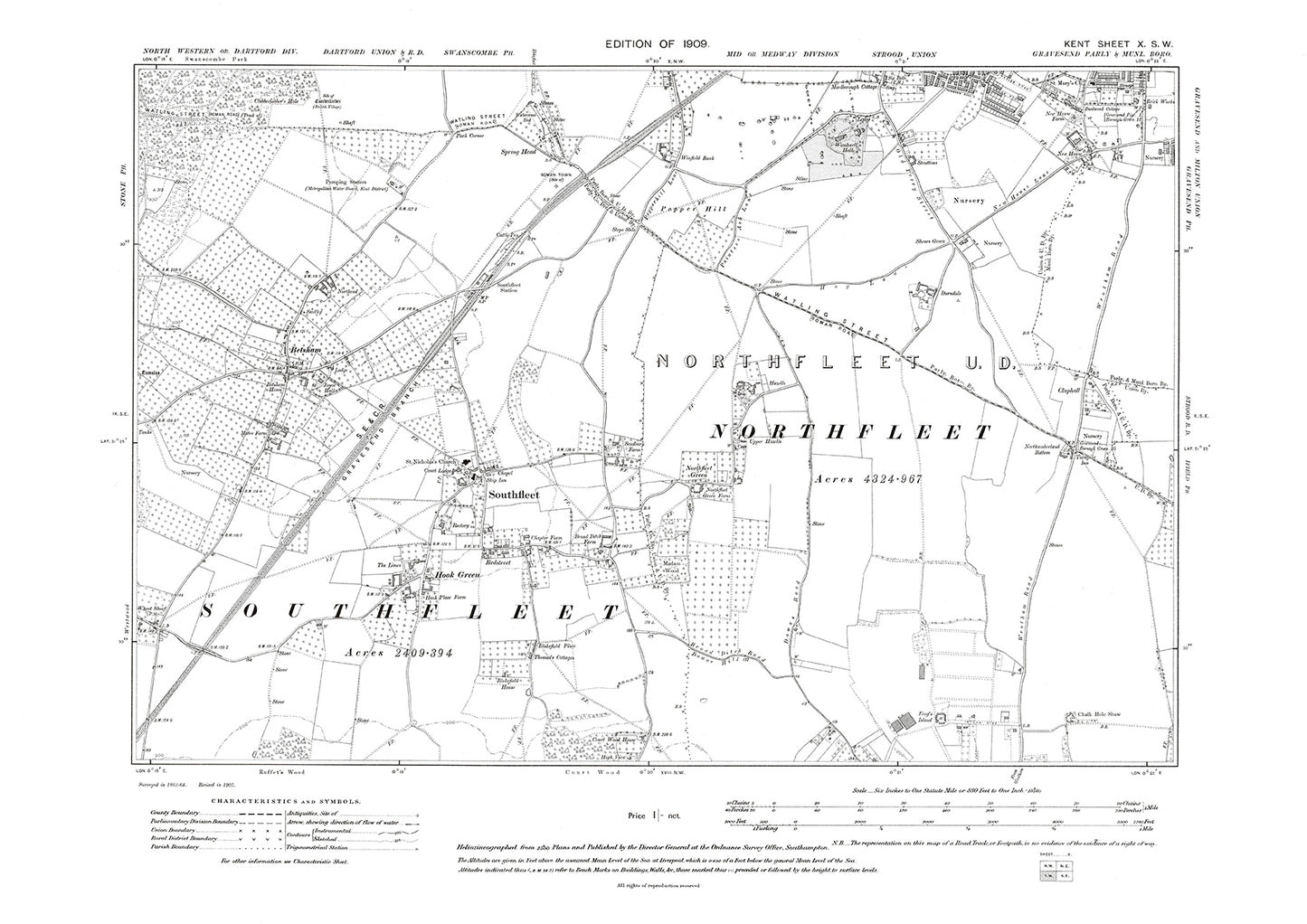 Southfleet Gravesend Northfleet, old map Kent 1909: 10SW