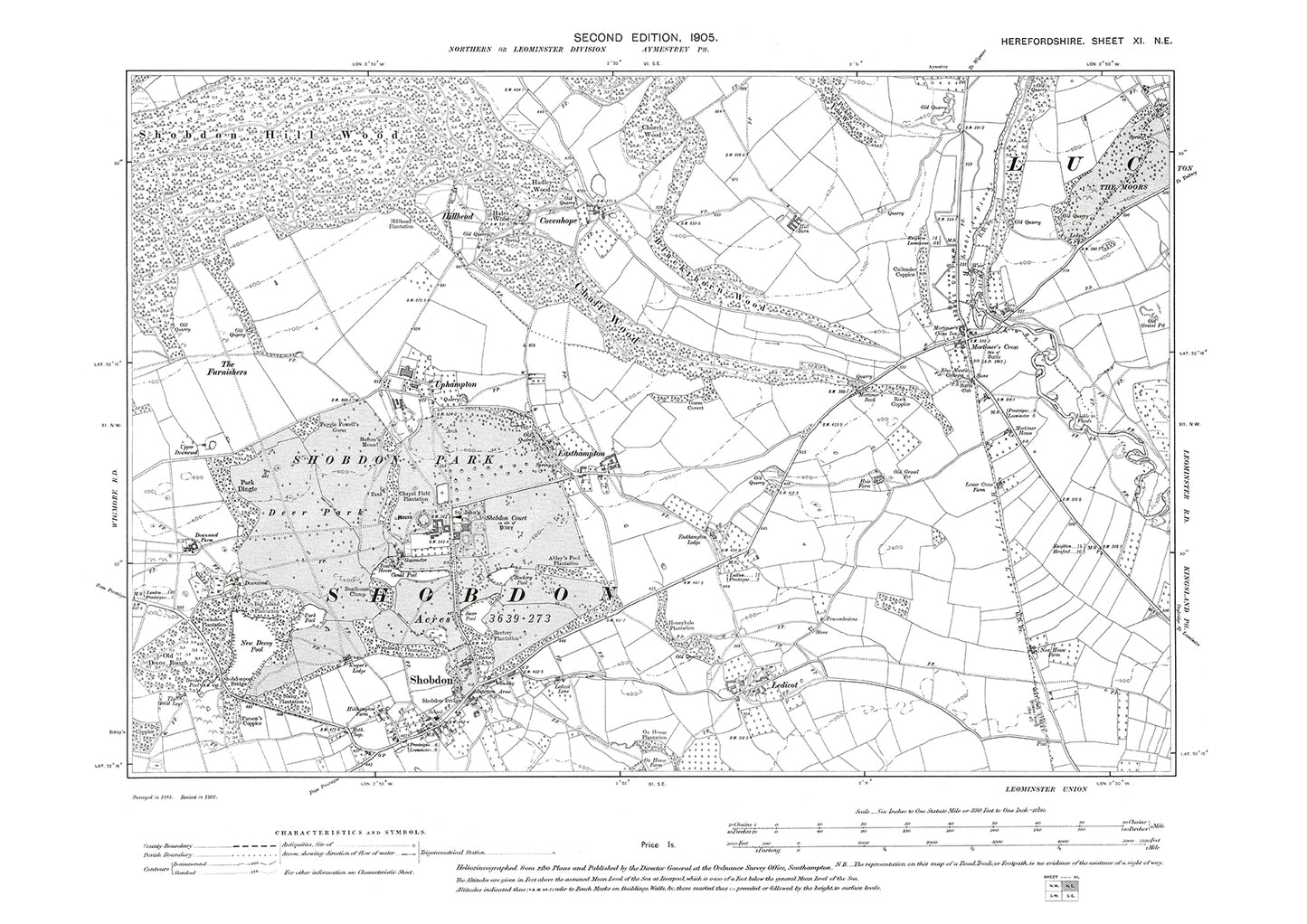 Old OS map dated 1905, showing Shobdon, Mortimers Cross in Herefordshire - 11NE