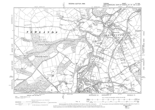 Old OS map dated 1899, showing Ebchester and Shotley Bridge (north) in Durham - 11NW