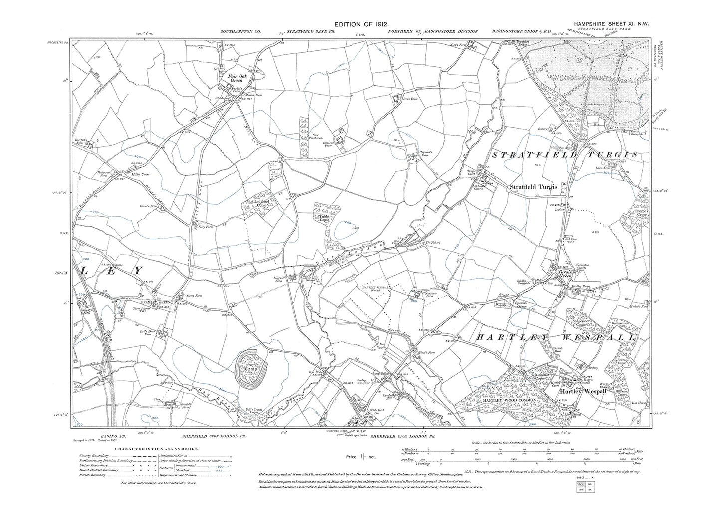 Old OS map dated 1912, showing Hartley Wespall, Sherfield upon Loddon (north) in Hampshire - 11NW