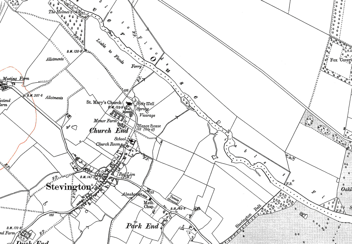 A 1927 map showing Oakley and Stevington in Bedfordshire - A Digital Download 0f OS 1:10560 scale map, Beds 11NW