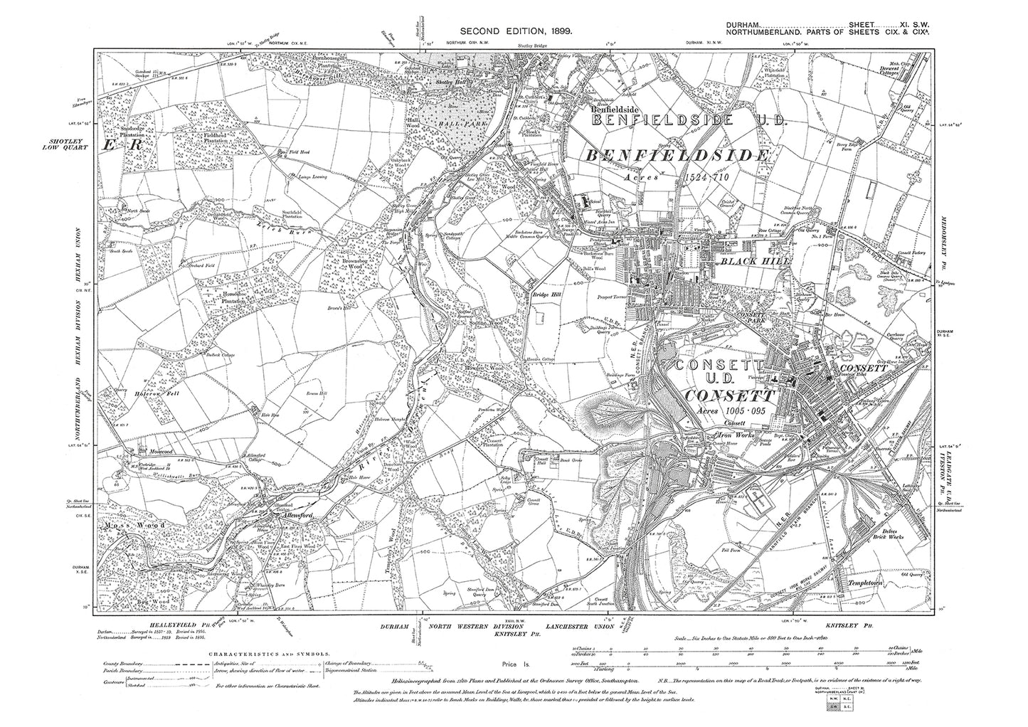 Old OS map dated 1899, showing Consett, Black Hill and Benfieldside in Durham - 11SW