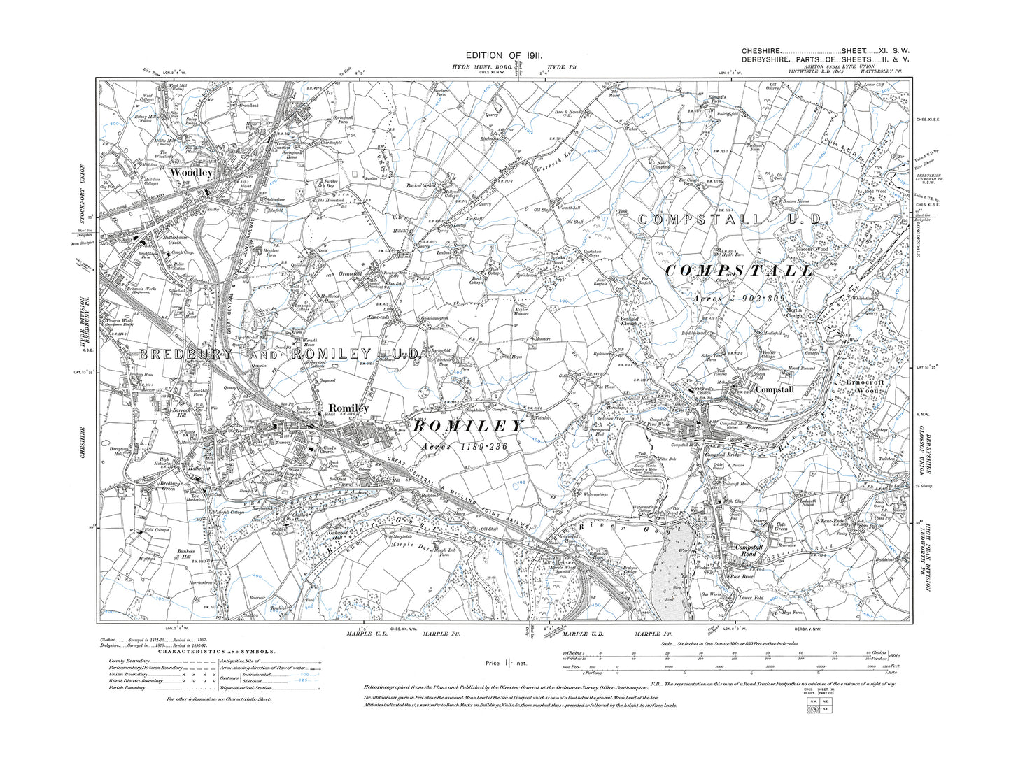 Old OS map dated 1911, showing Woodley, Romiley, Compstall in Cheshire 11SW