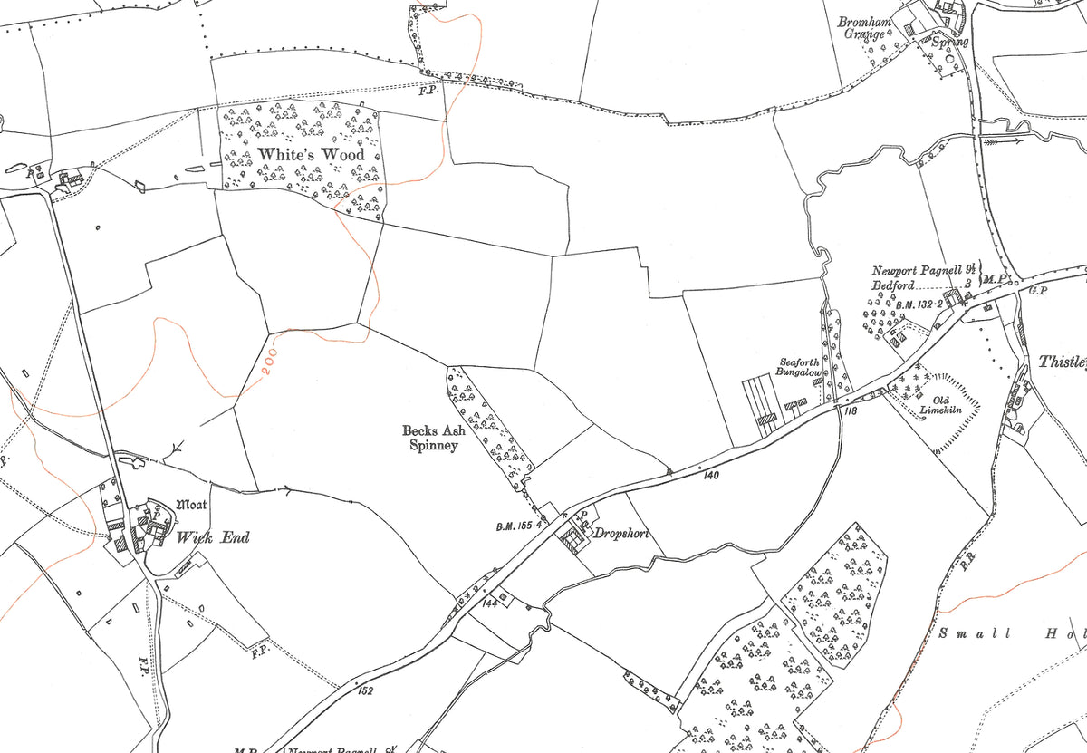 A 1927 map showing Bromham, Biddenham (west) and Stagsden in Bedfordsh ...