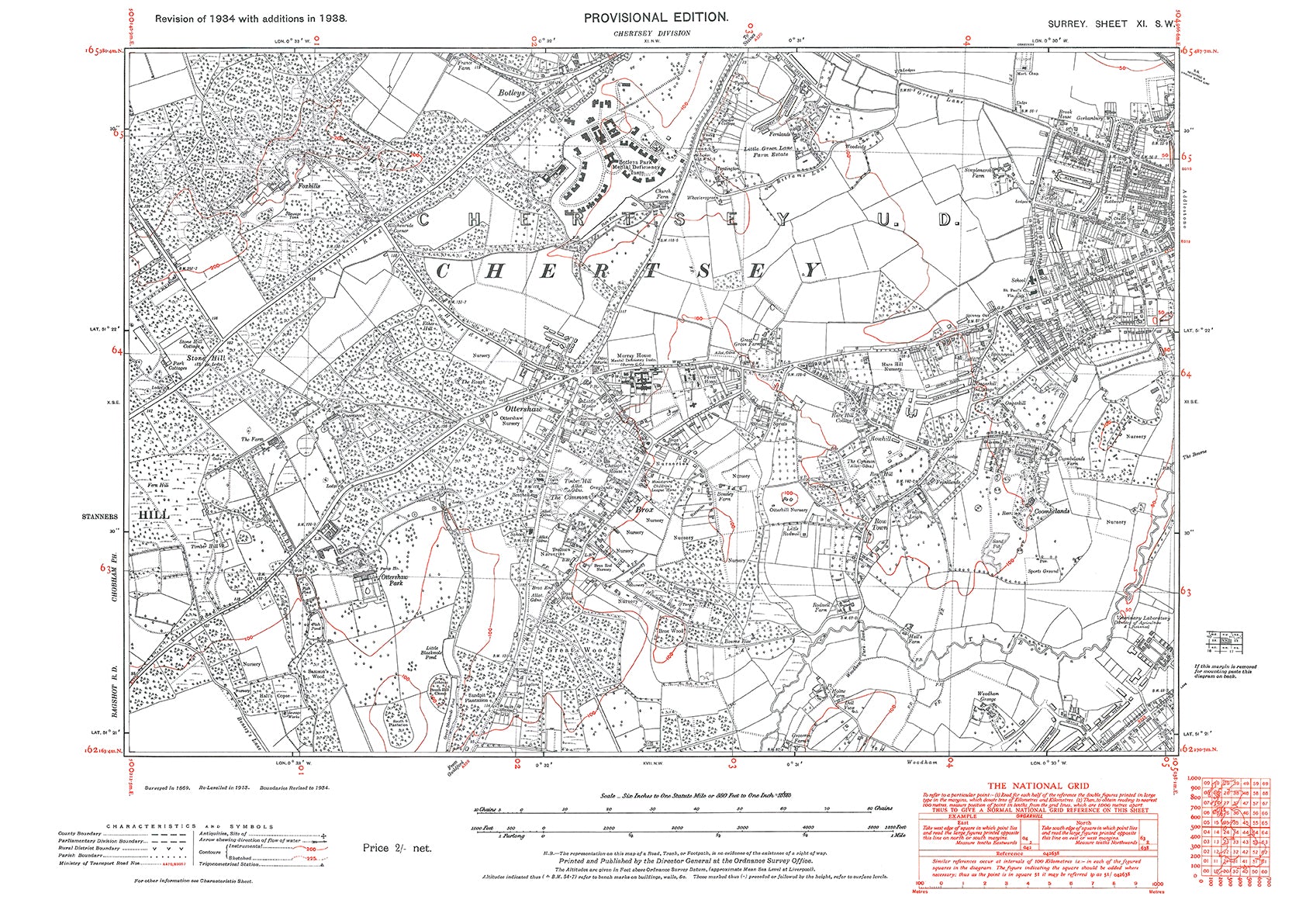 Addlestone Map Chertsey (south), Addlestone (west), Ottershaw old map Surrey 1938: 11 ...
