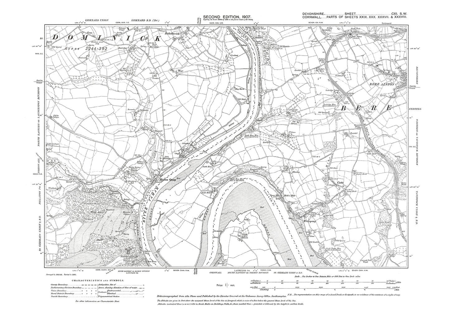 Bere Alston, Halton Quay, Bohetherick, Old Map Devon 1907: 111SW