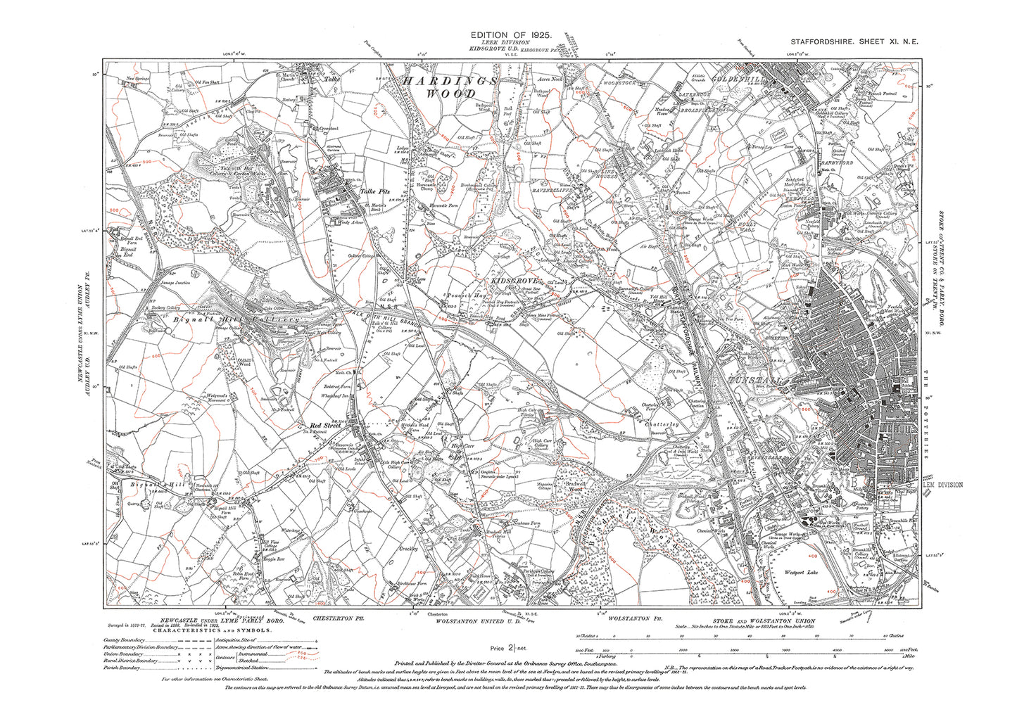 Tunstall, Goldenhill (south), Red Street, Talke Pits, old map Staffs 1925: 11NE