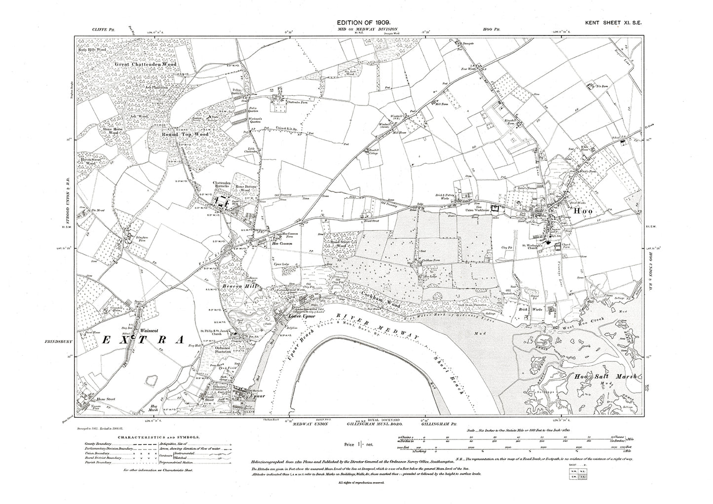 Hoo, Upnor, Wainscot, old map Kent 1909: 11SE