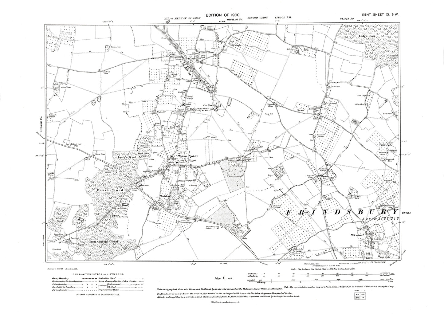 Belvedere (north), Frindsbury, Gadshill, Upshire, Higham, old map Kent 1909: 11SW