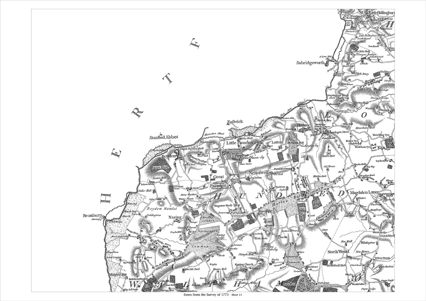 Nasing, North Weald, Great Parndon, Harlow, Shering, old map Essex 1777