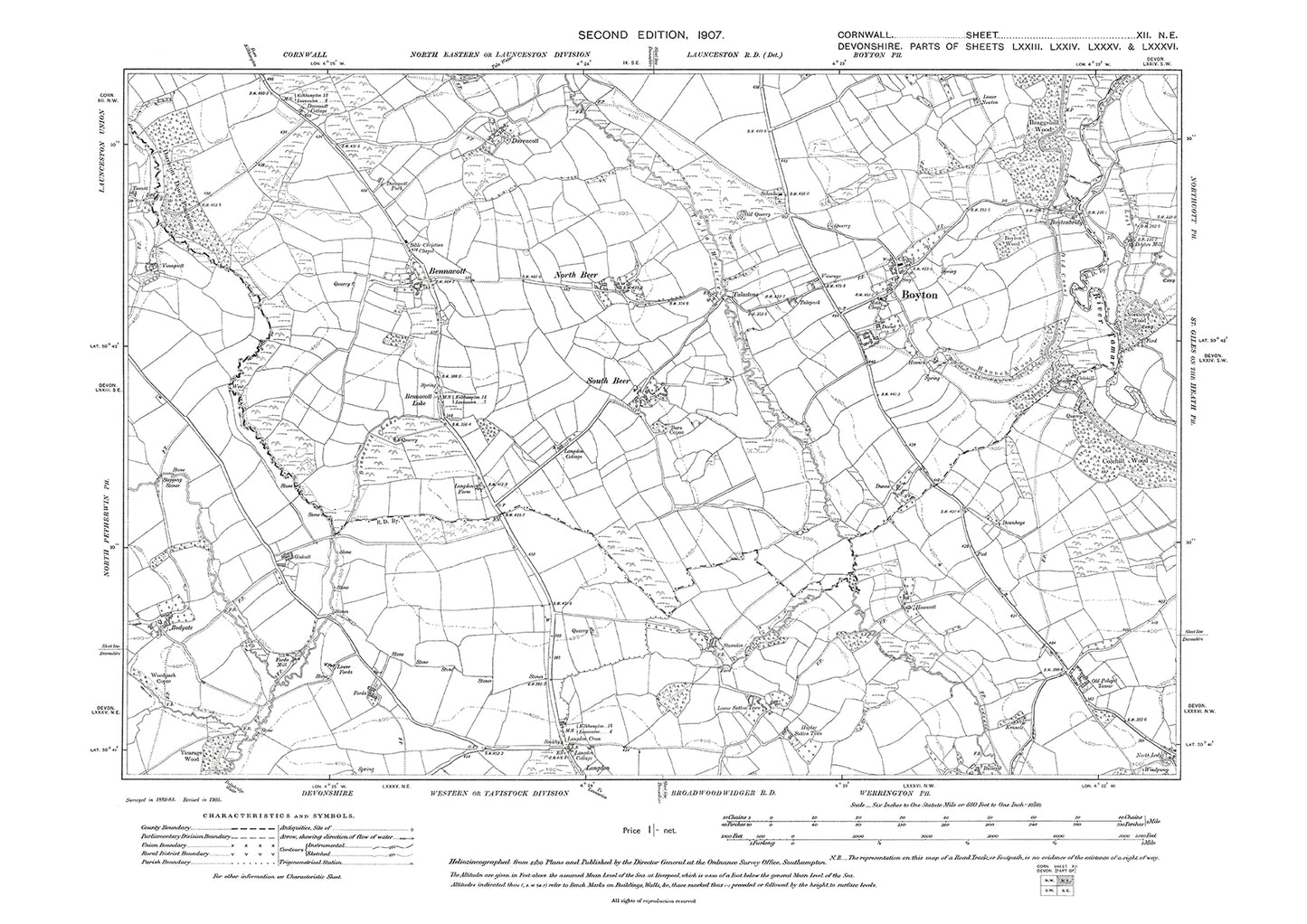 Boyton, Bennacott, North Beer, old map Cornwall 1907: 12NE