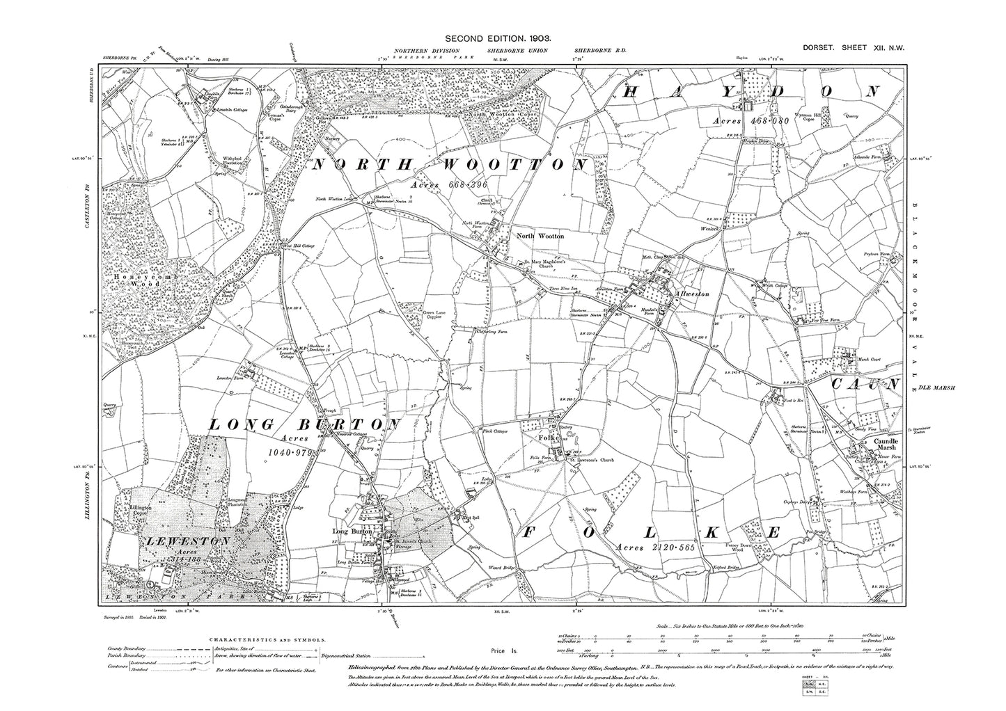 Old OS map dated 1903, showing Long Burton, Folk, Allweston, Caundle Marsh in Dorset - 12NW