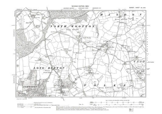 Old OS map dated 1903, showing Long Burton, Folk, Allweston, Caundle Marsh in Dorset - 12NW