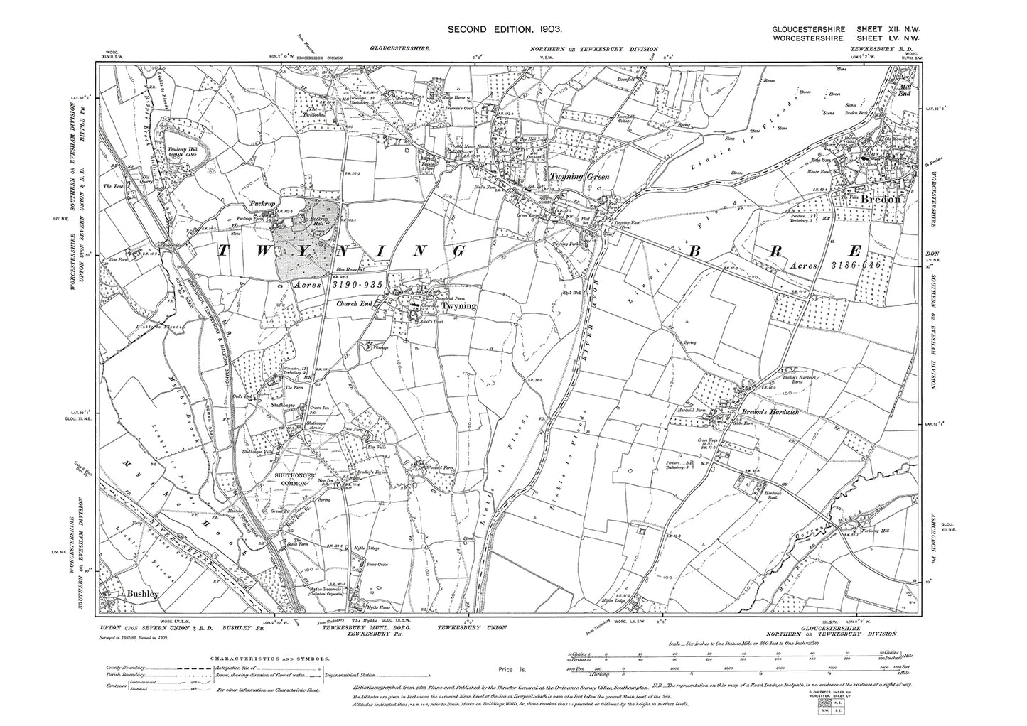 Old OS map dated 1903, showing Twyning Green, Twyning in Gloucestershire - 12NW
