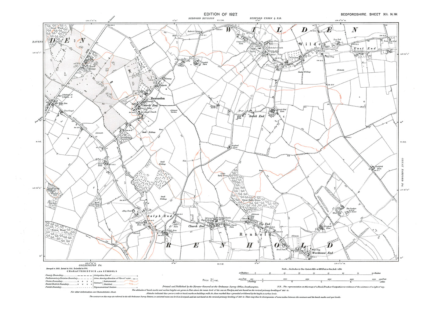 Renhold, Wilden, Revensden, old map Bedfordshire 1927: 12NW