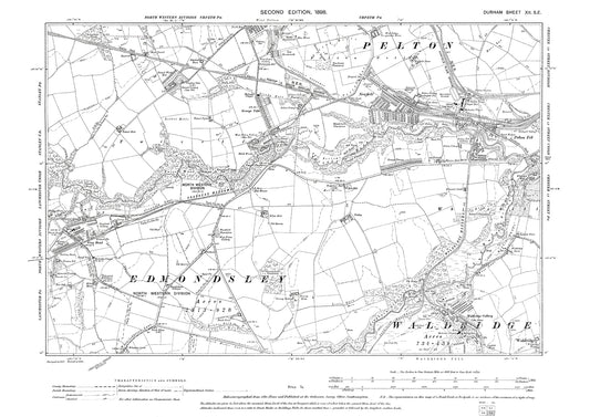 Old OS map dated 1898, showing Pelton (west), Newfield, Crag Head and Waldridge Colliery in Durham - 12SE