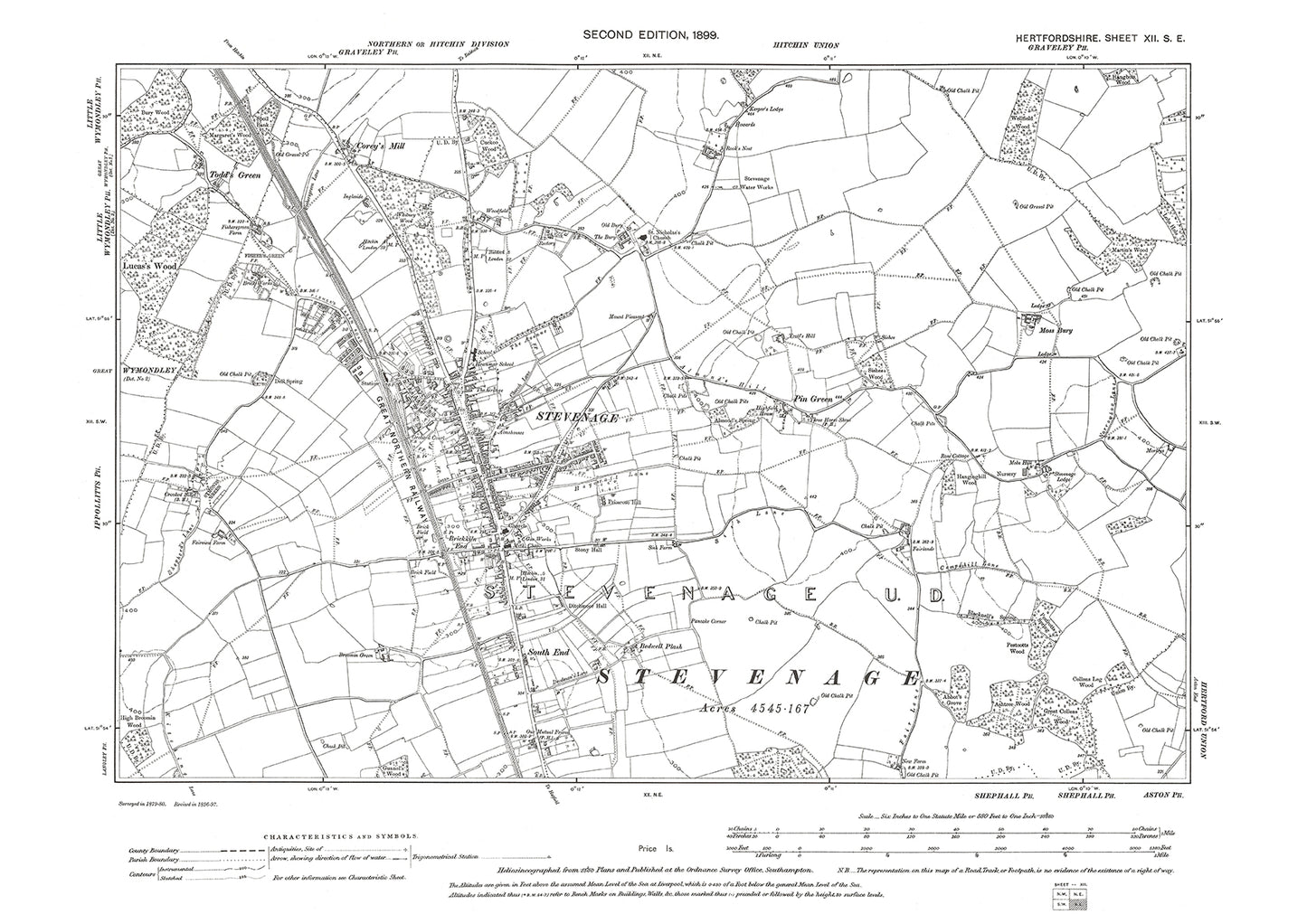 Old OS map dated 1899, showing Stevenage in Hertfordshire - 12SE