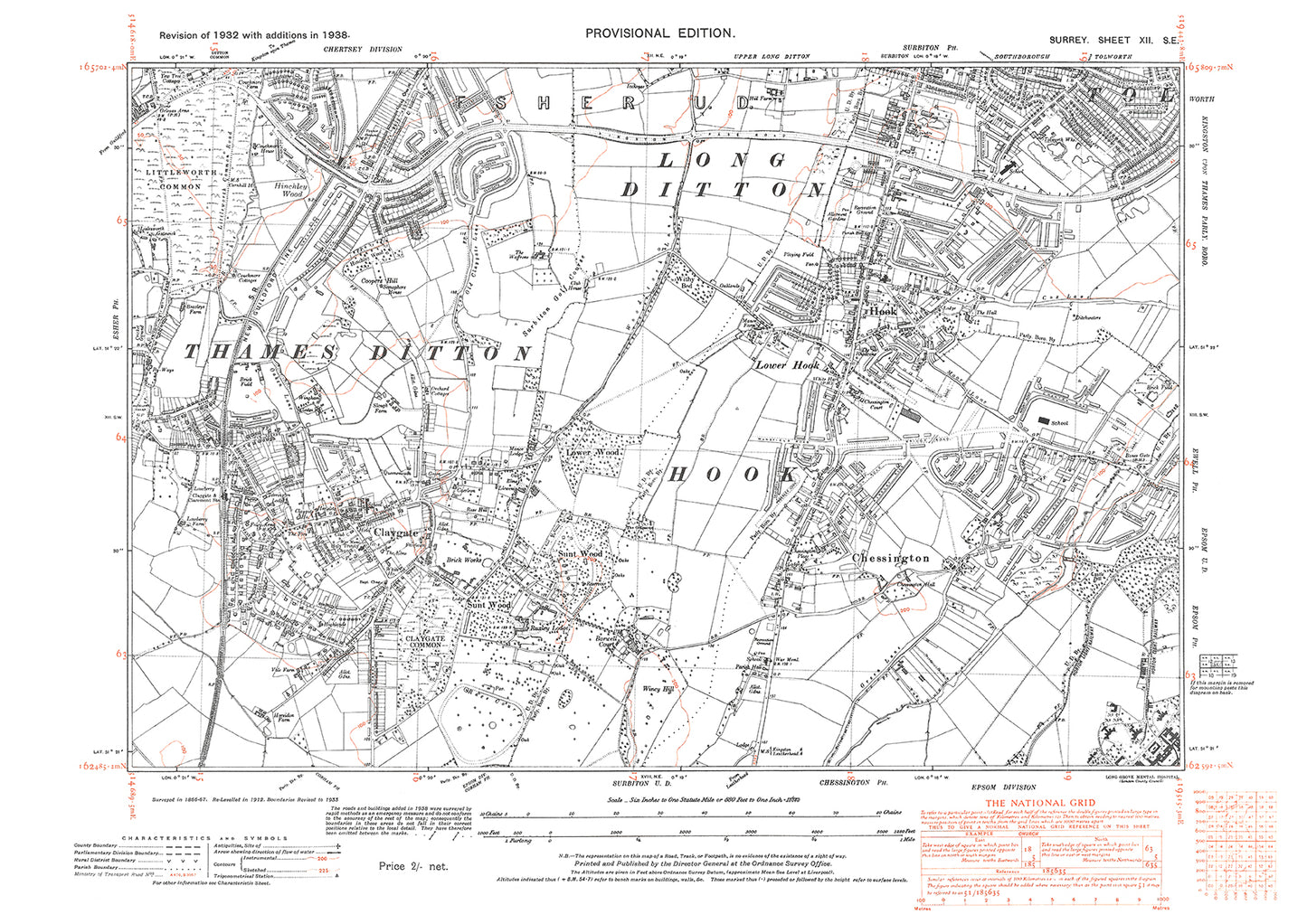 Thames Ditton, Long Ditton, Hook, Chessington, Claygate old map Surrey 1938: 12SE