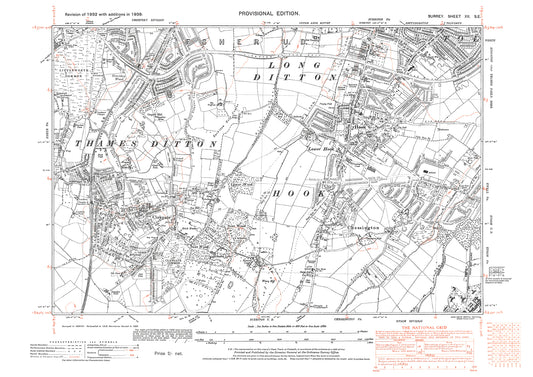 Thames Ditton, Long Ditton, Hook, Chessington, Claygate old map Surrey 1938: 12SE